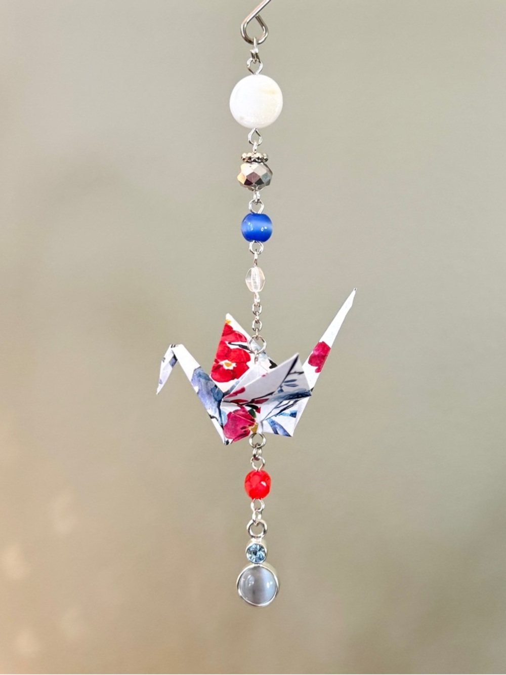 Origami Ornament #2478 - Small Crane with Repurposed Pendant